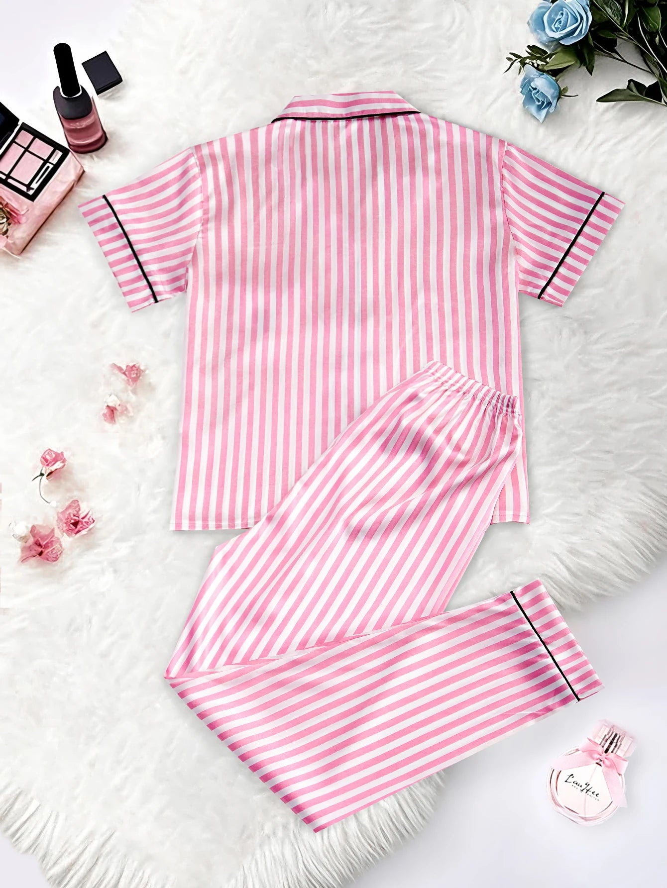 Classic Striped Print And Pocket Letter Short-Sleeve Long Pants Pajama