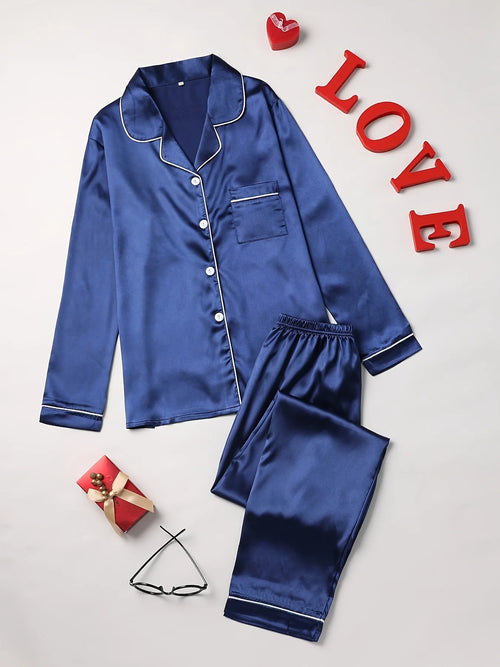 Solid Pajama Set Long Sleeve Button Up Lapel Top & Pants Pj Set
