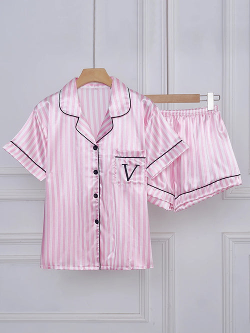 Striped Embroidered Letter Pocket Short Sleeve and Shorts Pajama Set,