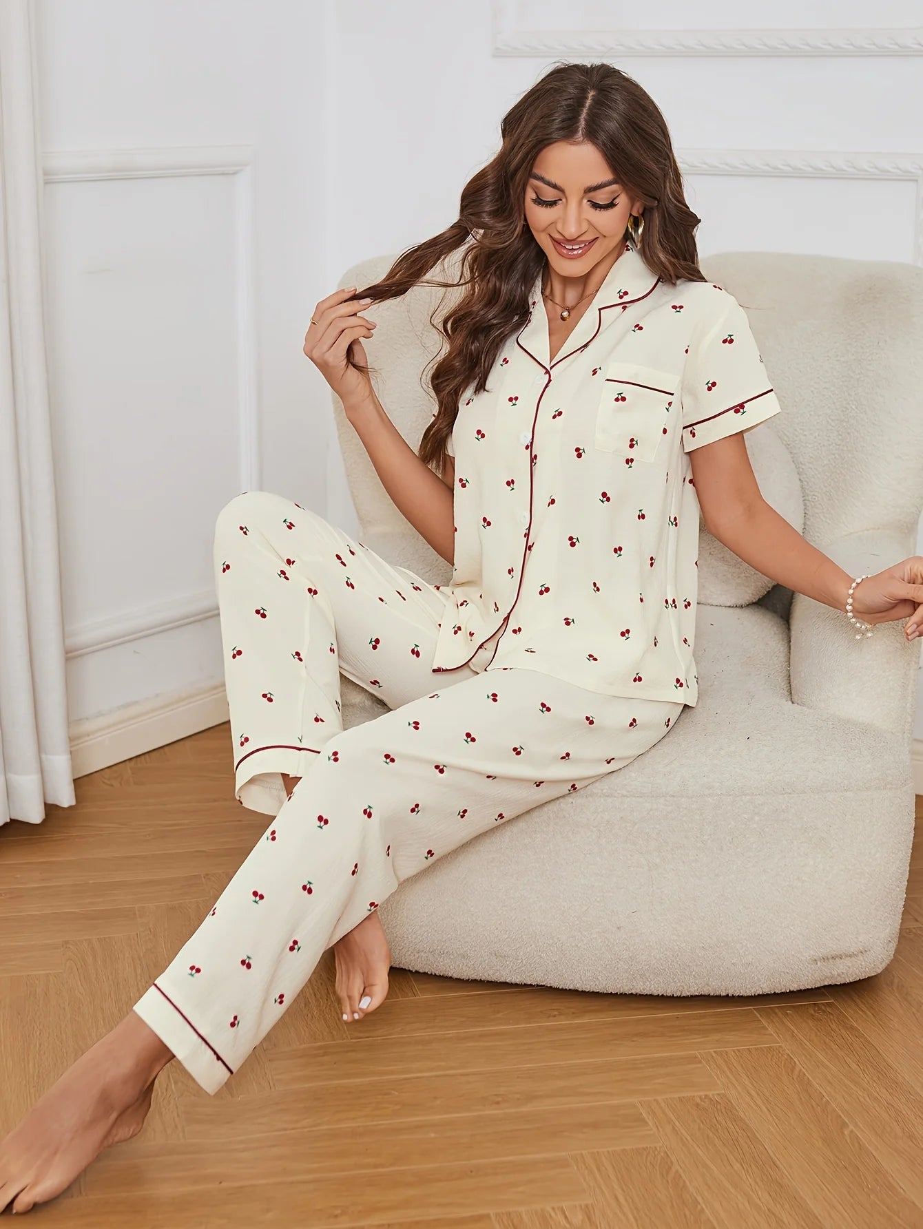 Cherry Print Textured Pajama Set Casual Short Sleeve Buttons Lapel Top