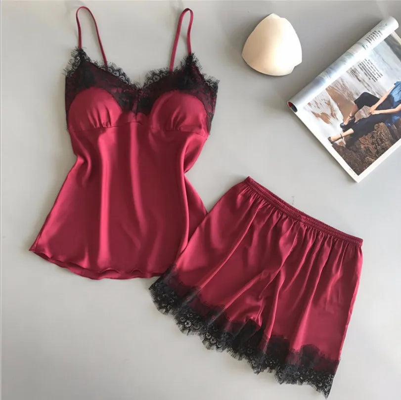 Women Pajama Suit Fashion V-Neck Stretch Satin Babydoll Lace Sexy