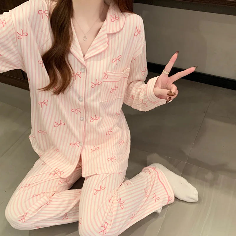 New Women's Spring and Fall Pajamas Homewear Set Wrinkled Cloth Sweet