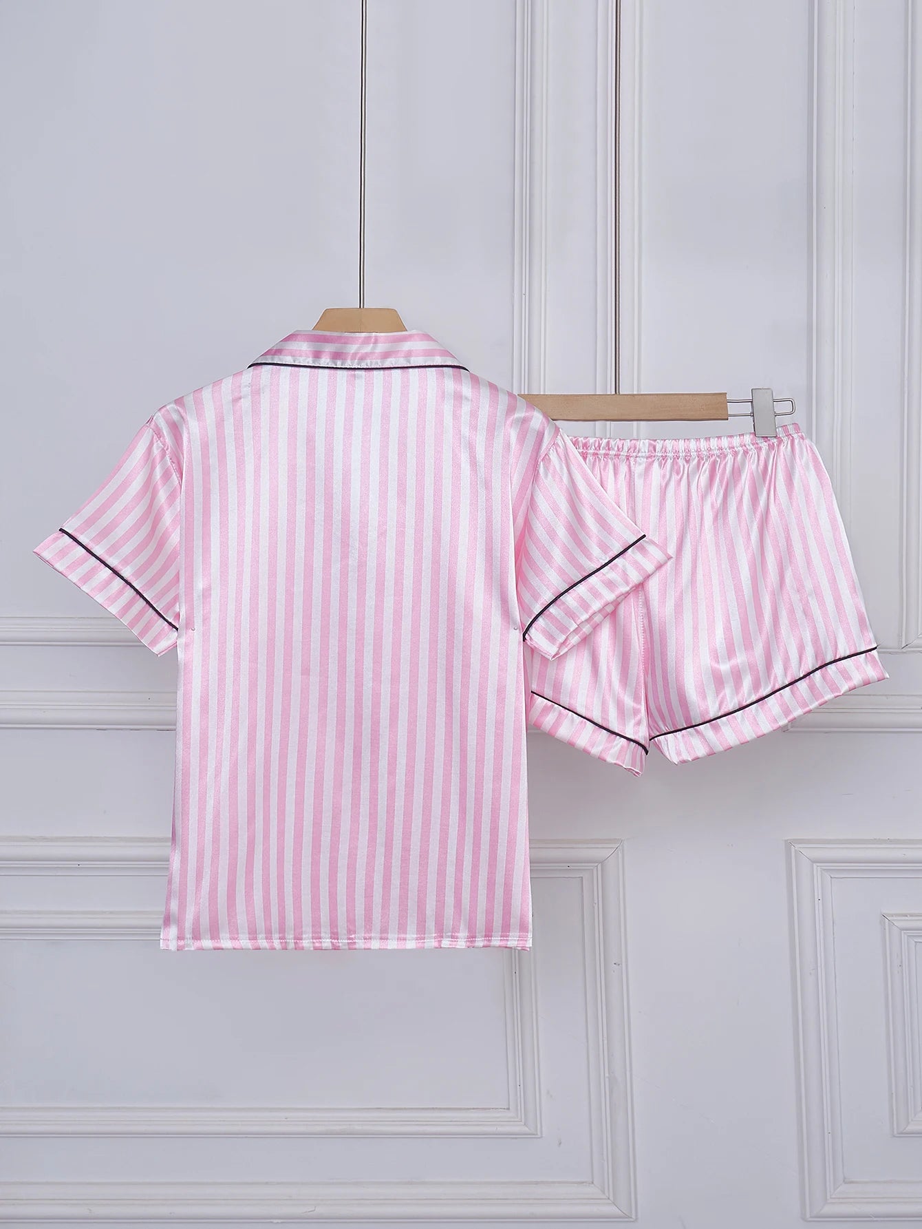 Striped Embroidered Letter Pocket Short Sleeve and Shorts Pajama Set,
