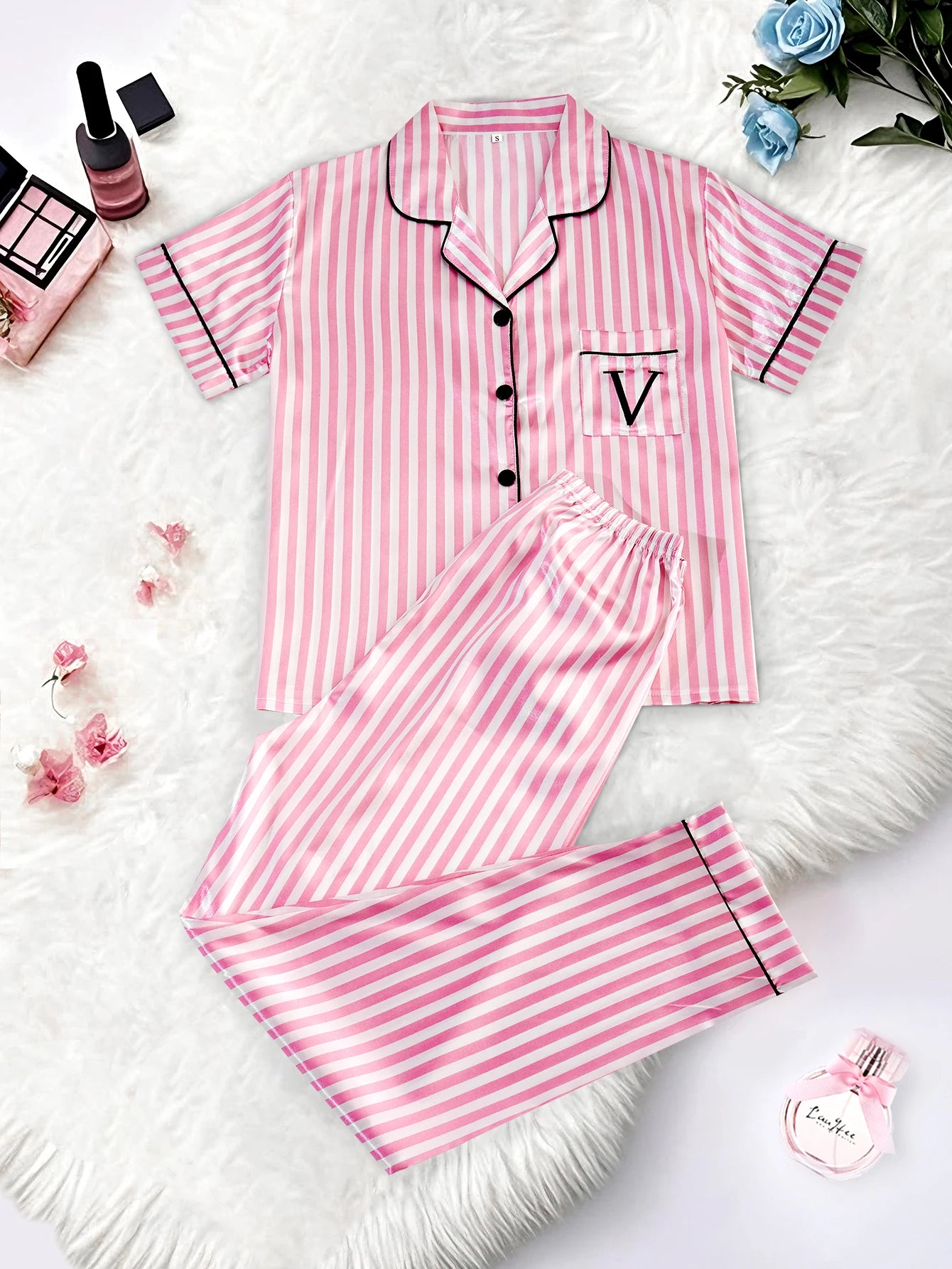 Classic Striped Print And Pocket Letter Short-Sleeve Long Pants Pajama