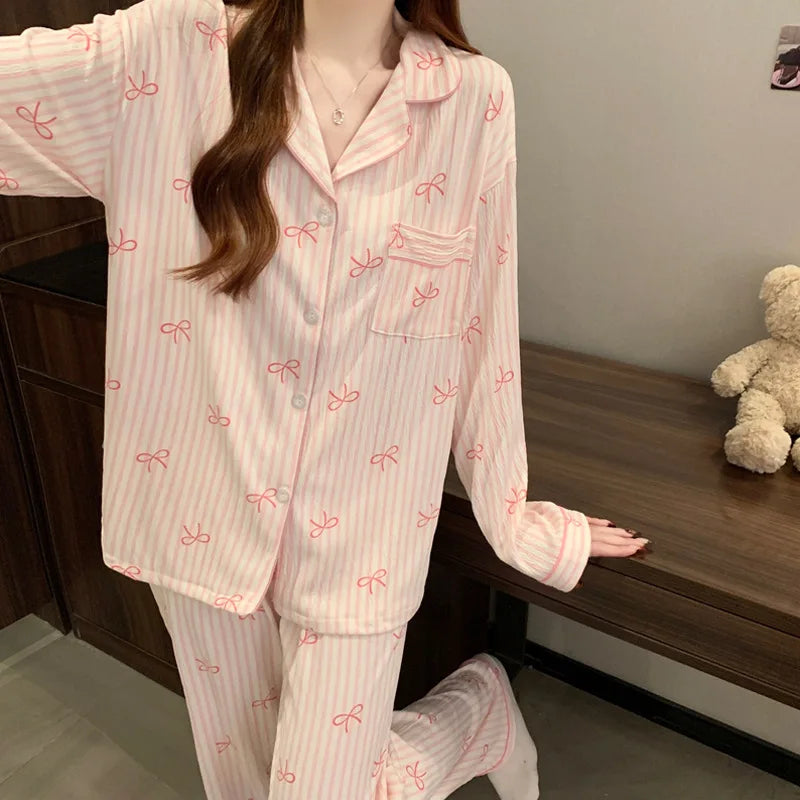 New Women's Spring and Fall Pajamas Homewear Set Wrinkled Cloth Sweet