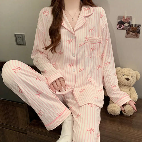 New Women's Spring and Fall Pajamas Homewear Set Wrinkled Cloth Sweet