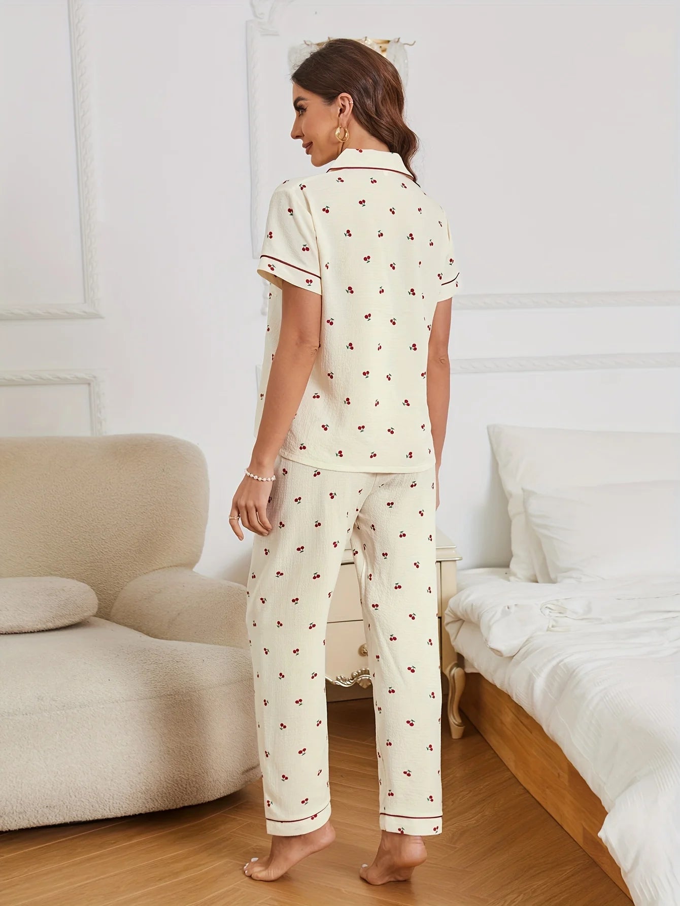 Cherry Print Textured Pajama Set Casual Short Sleeve Buttons Lapel Top