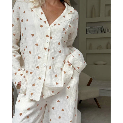 Summer New Love Heart Print Pyjama 100% Cotton Long Sleeve Set 2Pcs