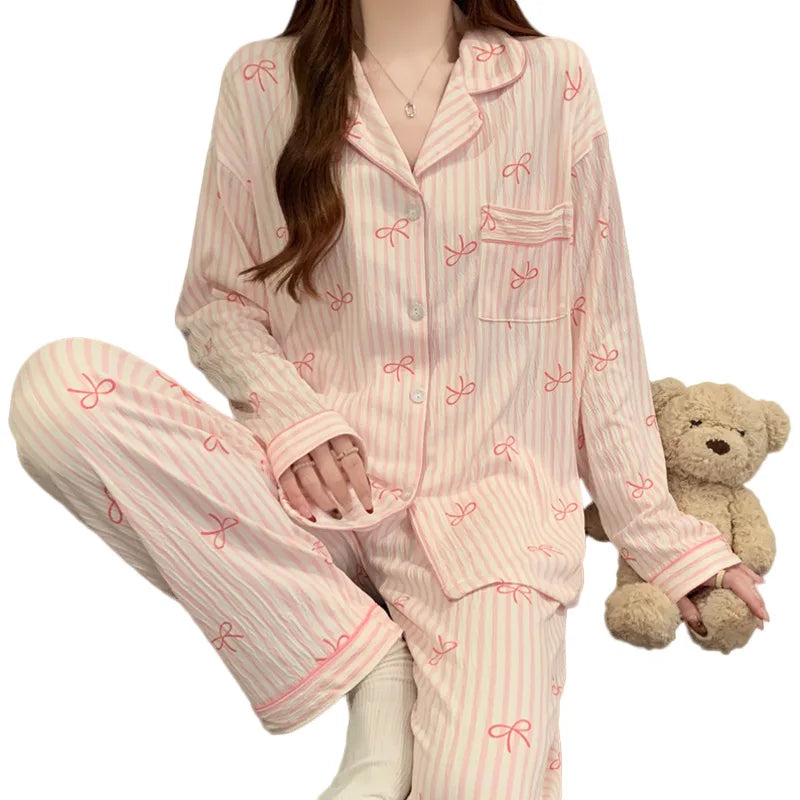 New Women's Spring and Fall Pajamas Homewear Set Wrinkled Cloth Sweet