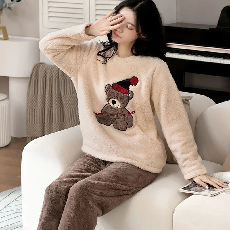 2PCS/Set Thickened Warm Fashion Autumn and Winter Pajamas Long-Sleeved
