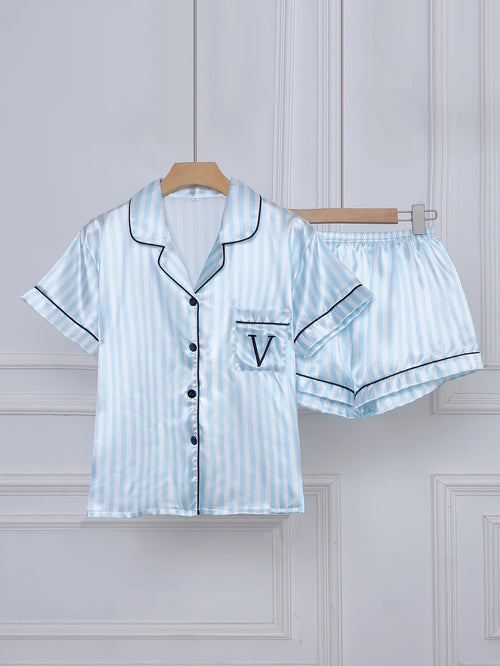 Striped Embroidered Letter Pocket Short Sleeve and Shorts Pajama Set,