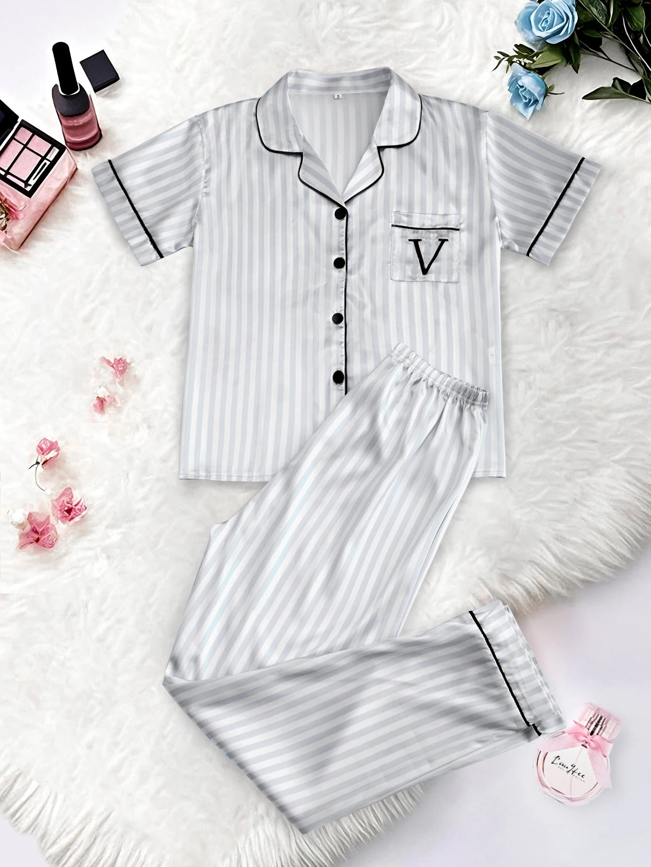 Classic Striped Print And Pocket Letter Short-Sleeve Long Pants Pajama