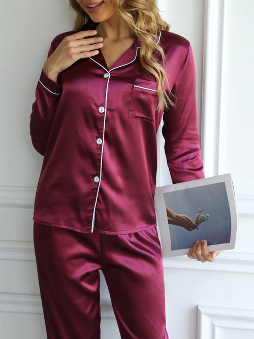 Solid Pajama Set Long Sleeve Button Up Lapel Top & Pants Pj Set