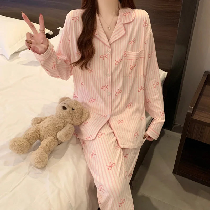 New Women's Spring and Fall Pajamas Homewear Set Wrinkled Cloth Sweet