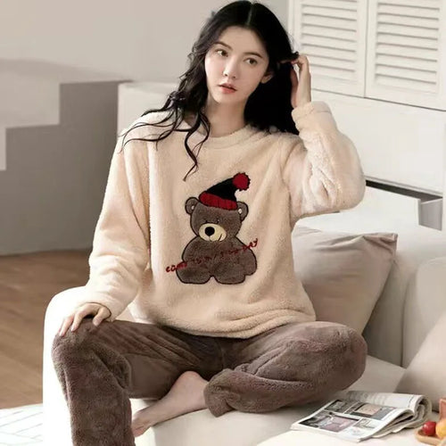 2PCS/Set Thickened Warm Fashion Autumn and Winter Pajamas Long-Sleeved