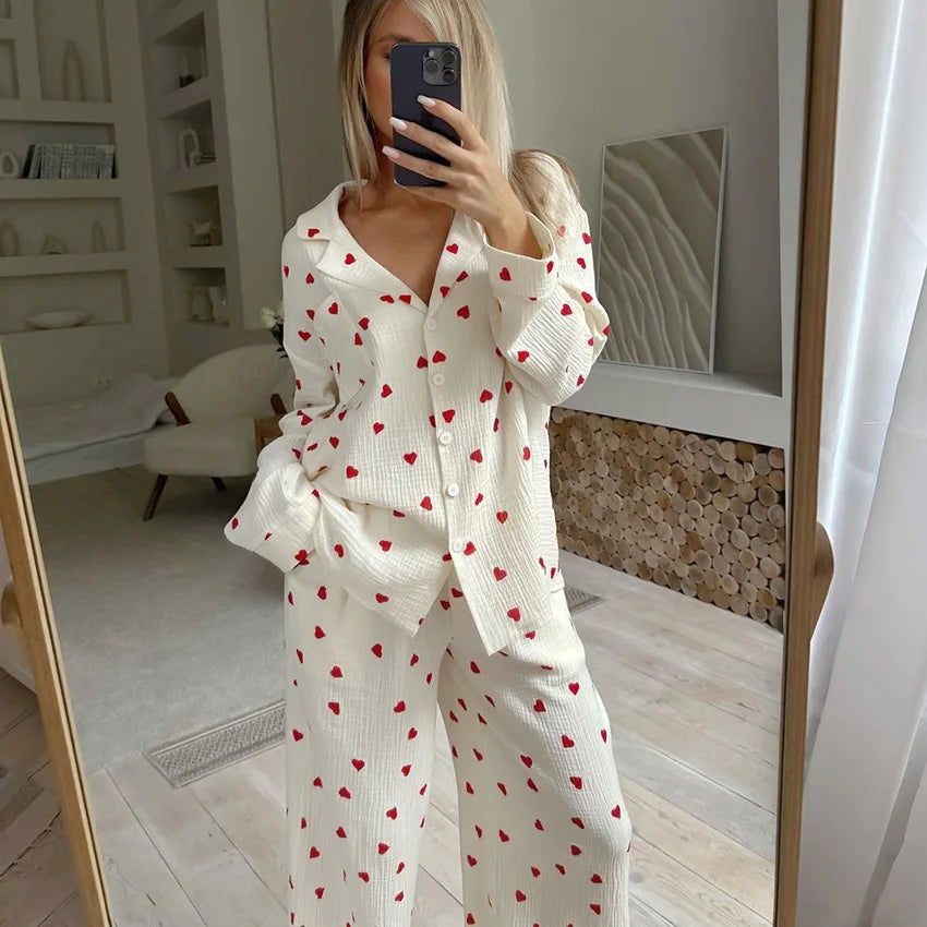 Summer New Love Heart Print Pyjama 100% Cotton Long Sleeve Set 2Pcs