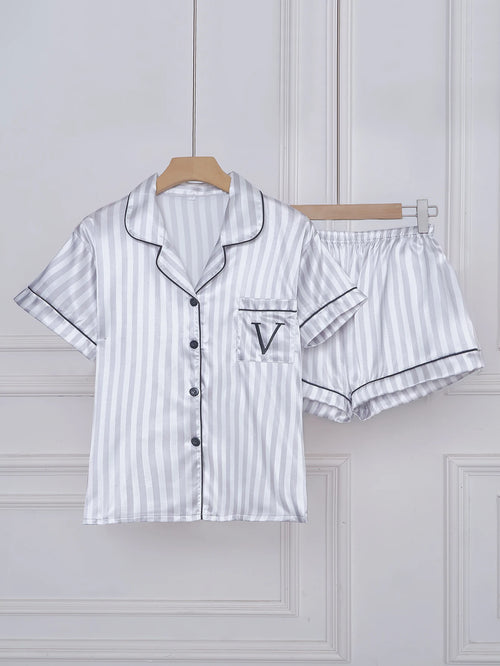 Striped Embroidered Letter Pocket Short Sleeve and Shorts Pajama Set,