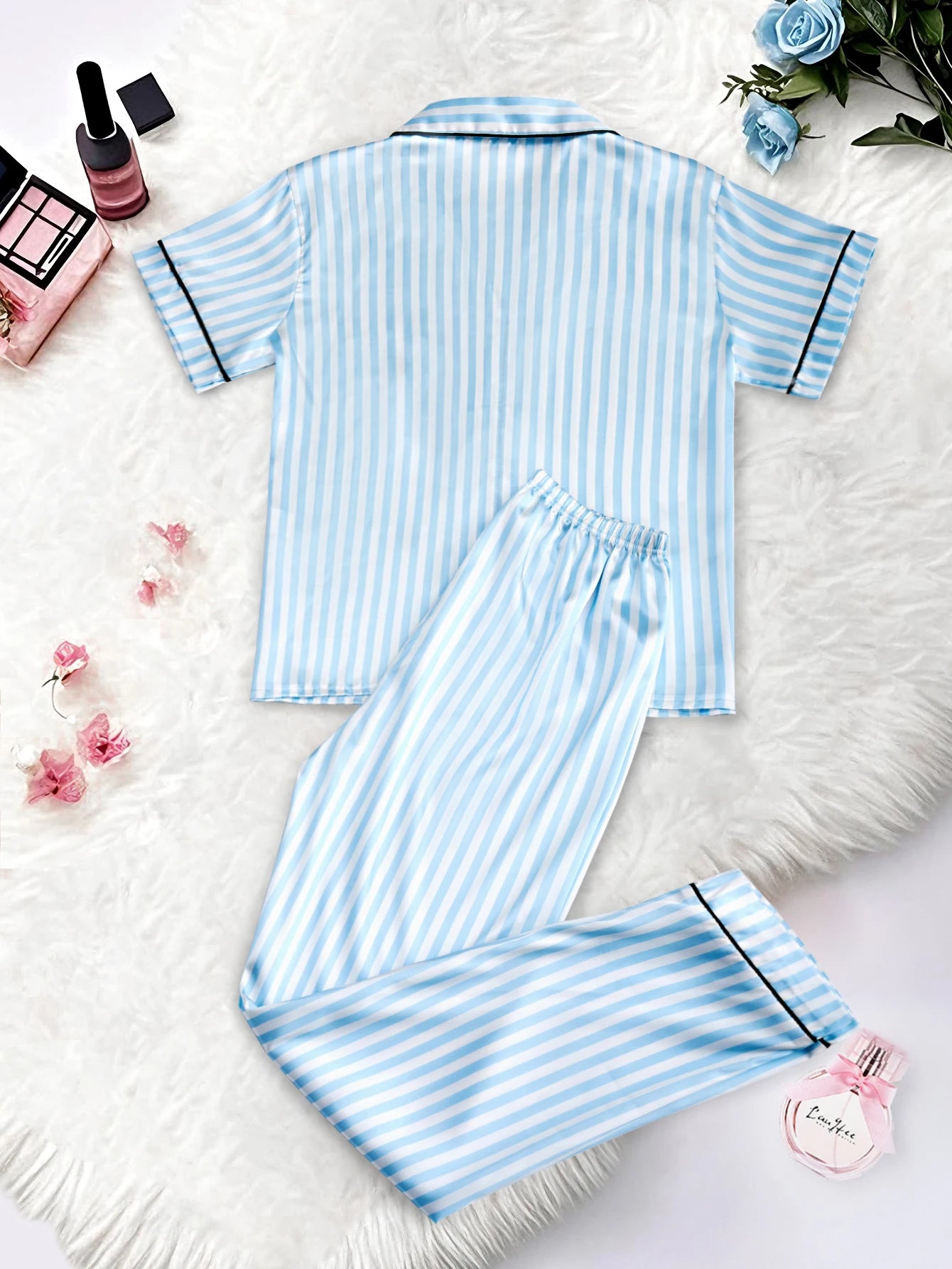 Classic Striped Print And Pocket Letter Short-Sleeve Long Pants Pajama