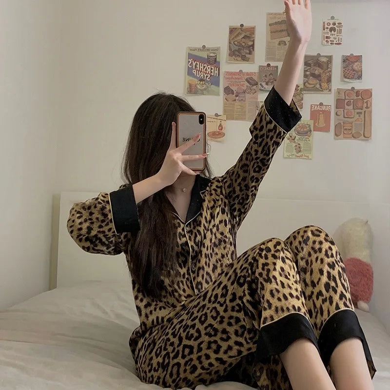 Thailand Spring and Fall Pajamas Set Women's Fashion Leopard Print