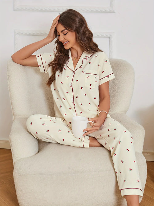 Cherry Print Textured Pajama Set Casual Short Sleeve Buttons Lapel Top