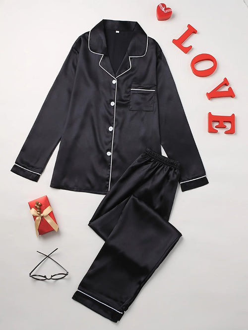 Solid Pajama Set Long Sleeve Button Up Lapel Top & Pants Pj Set