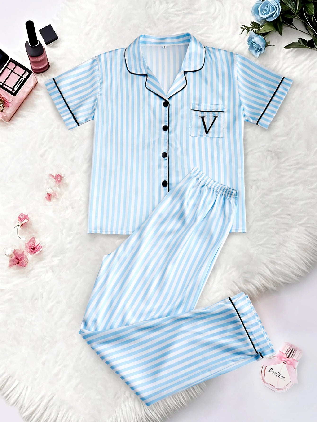 Classic Striped Print And Pocket Letter Short-Sleeve Long Pants Pajama
